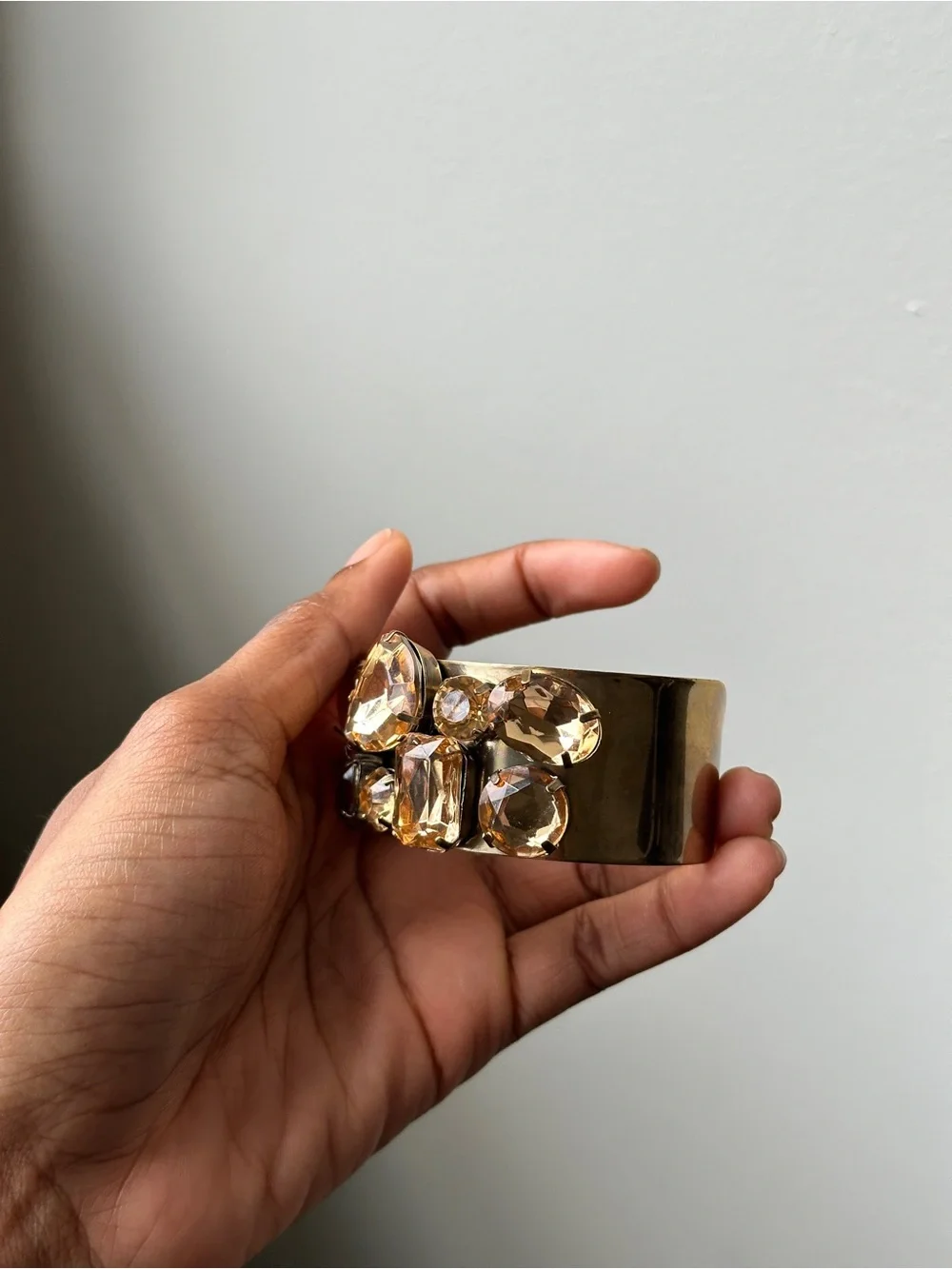 Gold Tone Champagne Rhinestone Wide Cuff Bracelet Statement Costume Jewelry